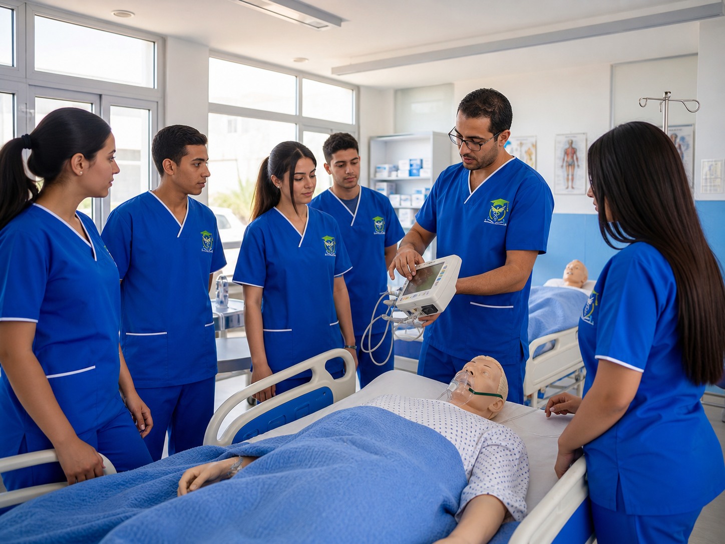 Formateur et étudiants de l'IPFPS autour d'un lit de simulation en salle de travaux pratiques